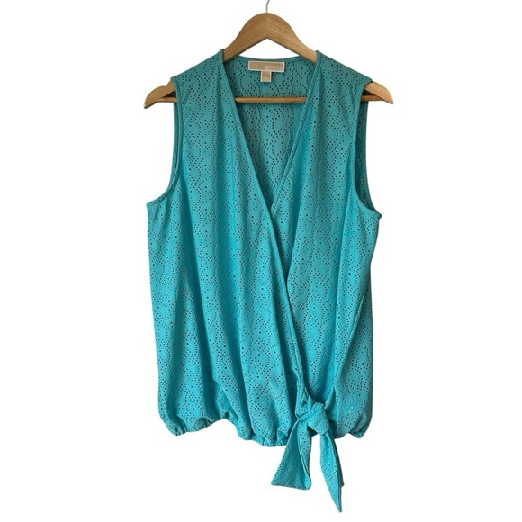 Michael Kors Turquoise Blue Eyelet Tie-Front Sleeveless Top, 1X - Picture 1 of 11